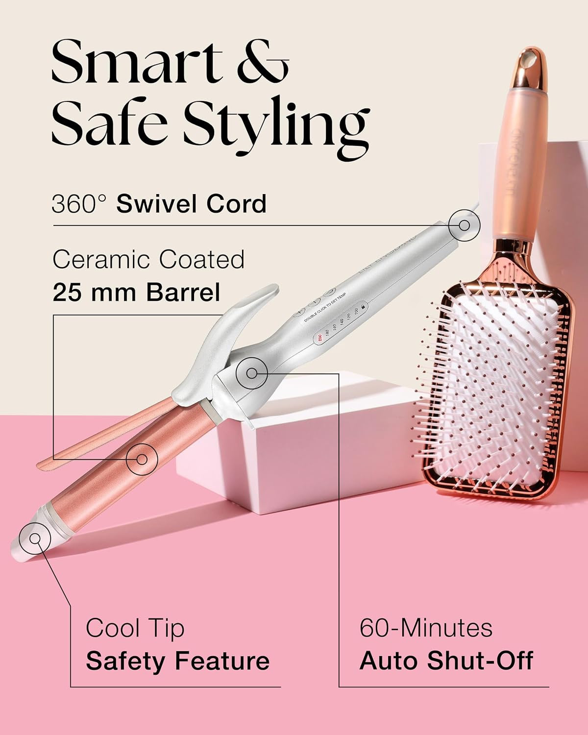 25Mm Curling Tongs for Short & Long Hair, Rose Gold