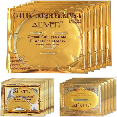 24K Gold Bio Collagen Crystal Face Mask + Eye Mask + Lip Mask, anti Ageing Skin Care (5Pairs/Set)