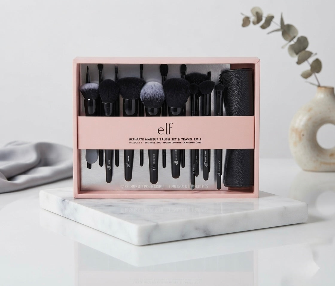 ELF The Ultimate Makeup Brush Set & Travel Roll -  17-Piece Brush Kit