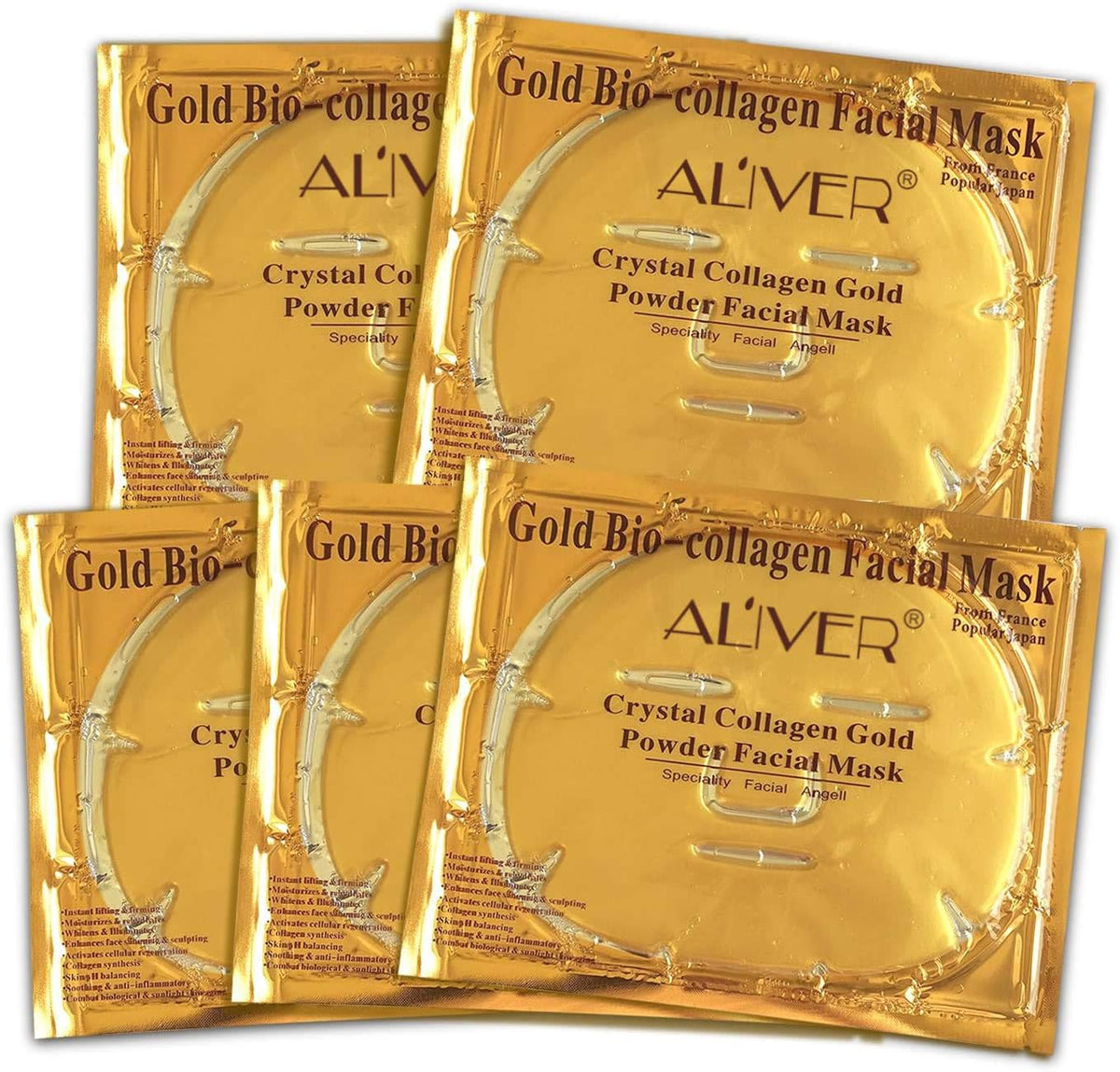 24K Gold Bio Collagen Crystal Face Mask + Eye Mask + Lip Mask, anti Ageing Skin Care (5Pairs/Set)