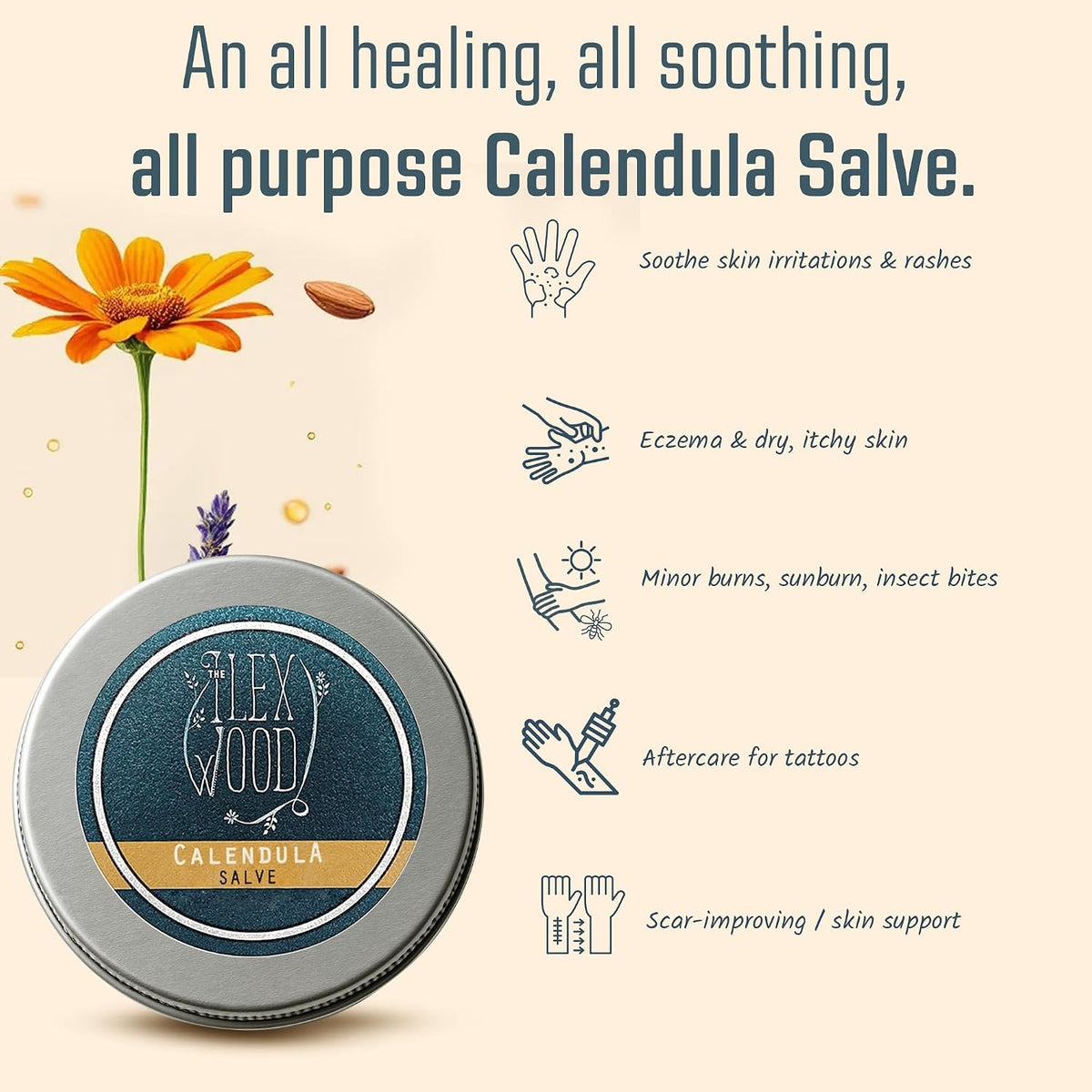 Calendula Salve All-Natural Skin Balm 100Ml | Handmade in UK, Moisturising, Soothes Dry Skin & Itching. for Hands, Arms, Legs & Feet. Cruelty-Free, Plastic Free.