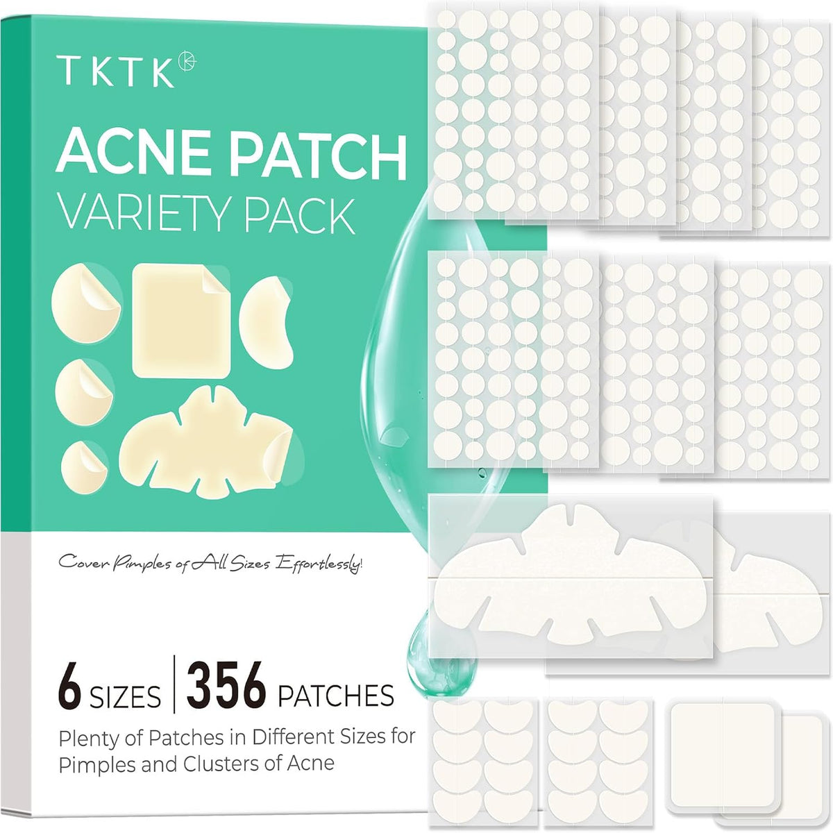 Hydrocolloid Pimple Patches Variety Pack (6 Sizes 4 Shapes 356 Count) | Gentle Blemish Care for Face, Acne Patch for Zit Breakouts on Cheeks, Forehead, Chin, Nose, Back, Suitable for All Skin Types