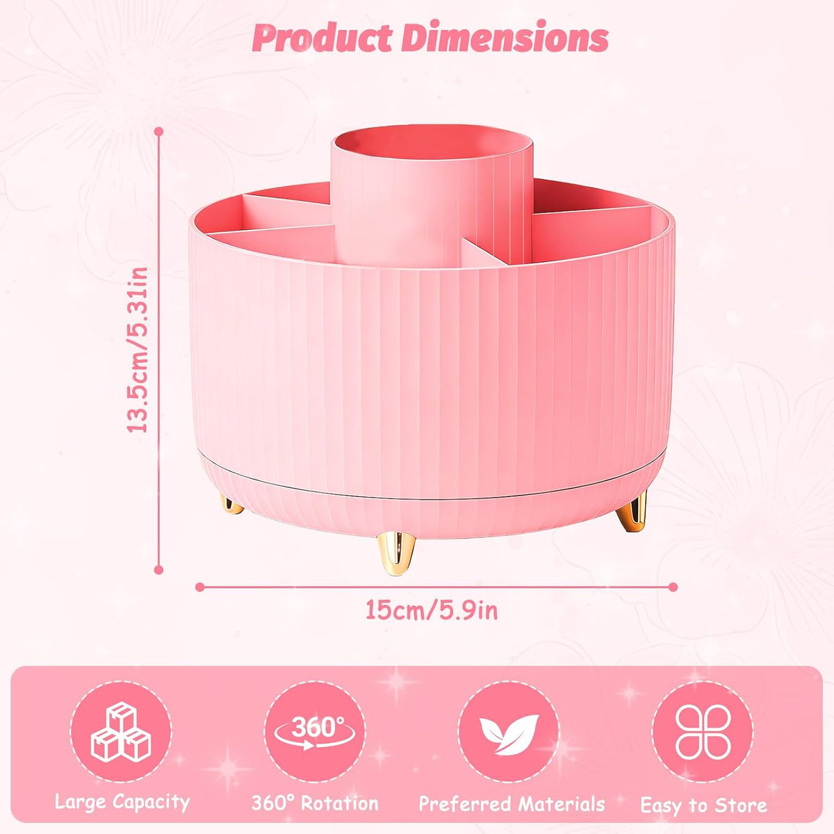 360° Rotating Makeup Organiser, Makeup Brush Holder with 5 Compartments, Spinning Desk Organiser Cosmetic Organizer, Rotating Cosmetics Brush Organiser for Vanity Desk, Table, Office (Pink)