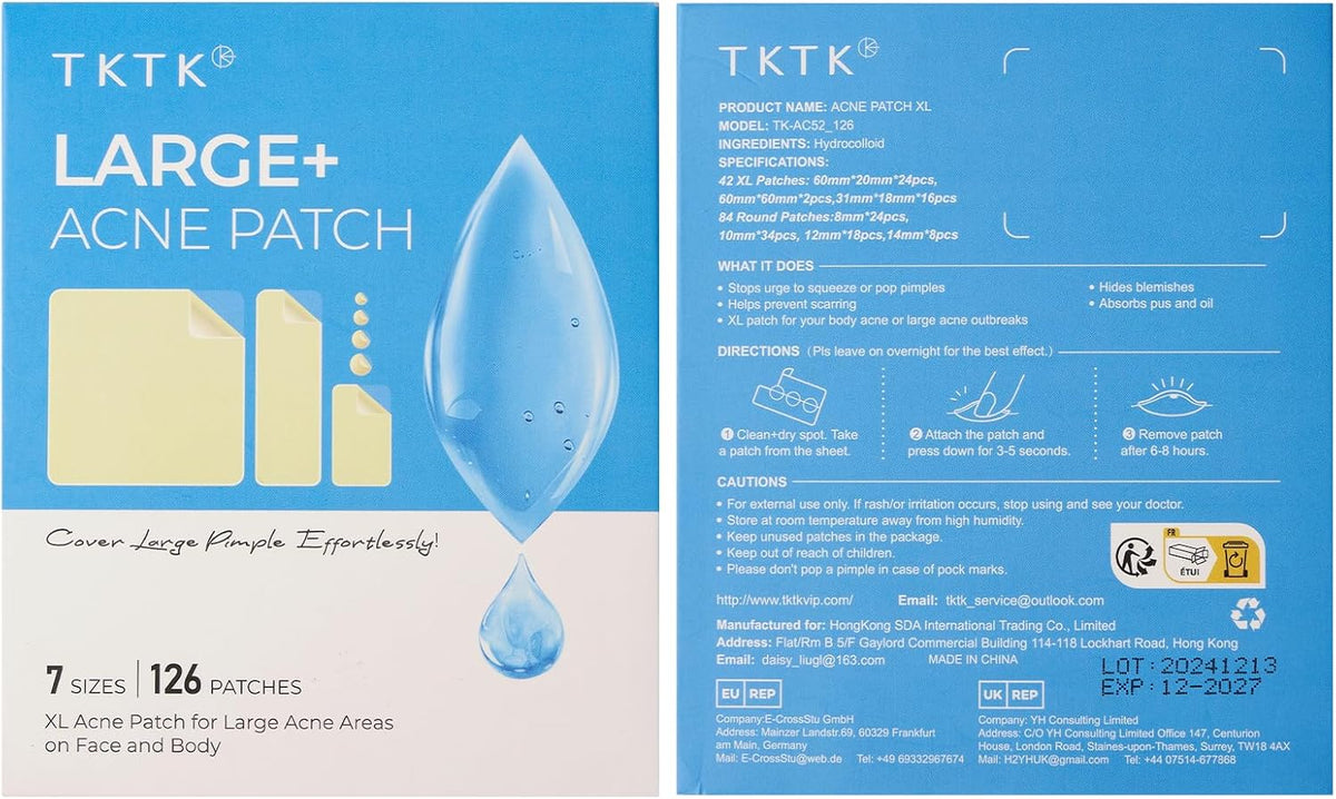 Large Pimple Patches for Face & Body Zit Breakouts, 7 Sizes 126 Count | XL Acne Patch, for Chin, Forehead, Chest, Back, Big Hydrocolloid Bandages, Square / Strip / Dot Shapes, for All Skin Types