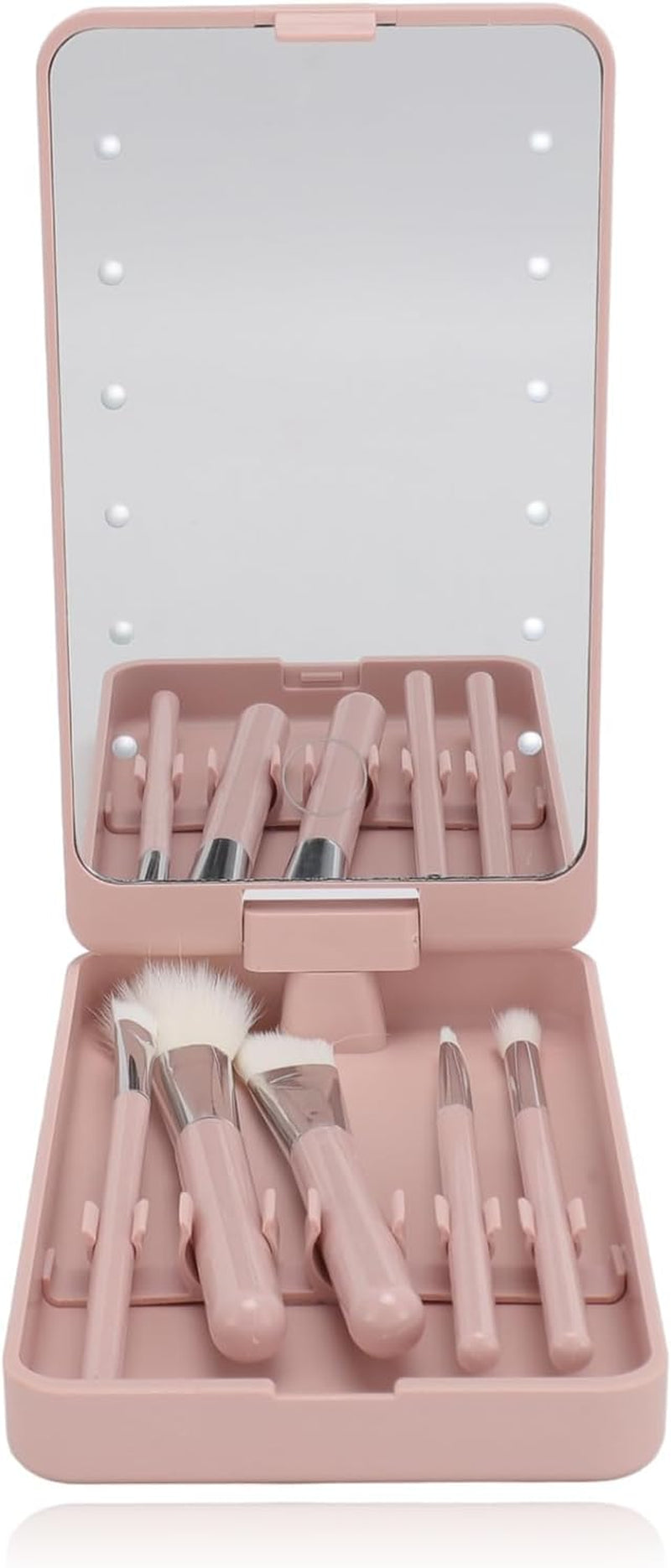 Travel Size Makeup Brushes Mini Set with Case, Light, Mirror, 5 Pcs Small Cosmetic Brushes, Brush Travel Essentials Kits for Women Girls, Foldable