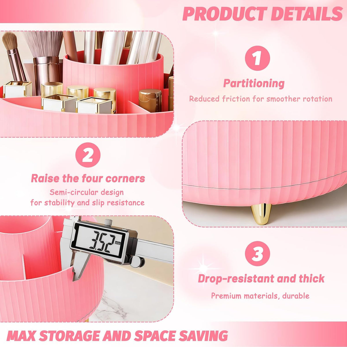 360° Rotating Makeup Organiser, Makeup Brush Holder with 5 Compartments, Spinning Desk Organiser Cosmetic Organizer, Rotating Cosmetics Brush Organiser for Vanity Desk, Table, Office (Pink)