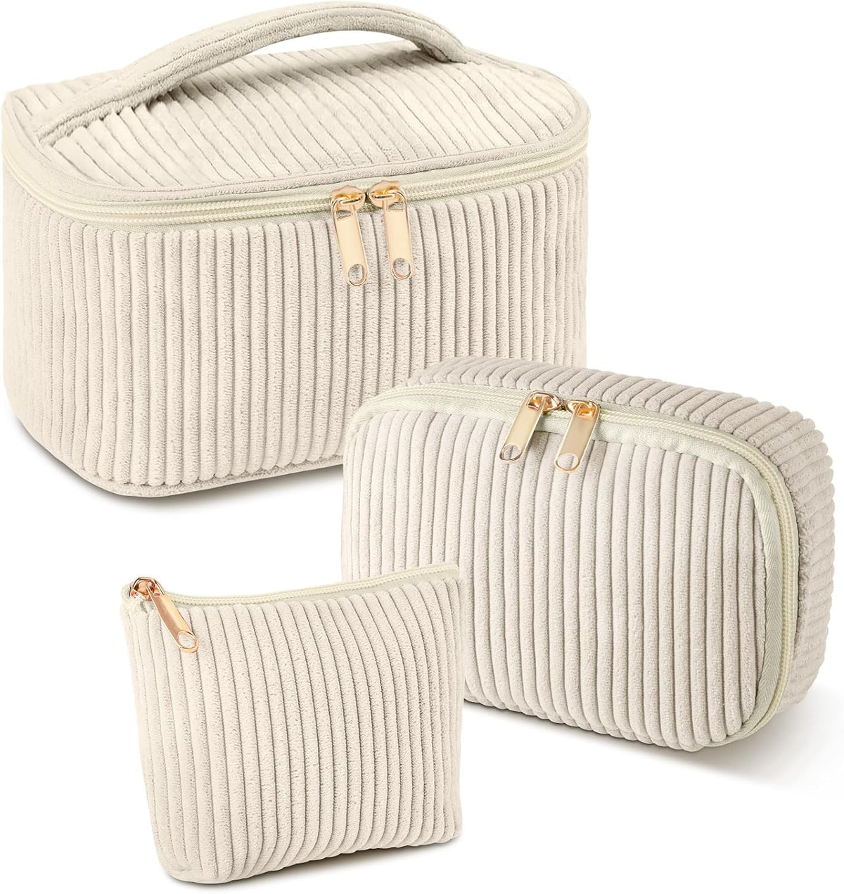 Corduroy Cosmetic Bag, 3 Pcs Makeup Bag, Large, Medium and Small Cosmetic Bag, Striped Corduroy Portable Bag with Metal Zipper, Travel Cosmetic Bags Organizer for Women, Travel, School, Gift