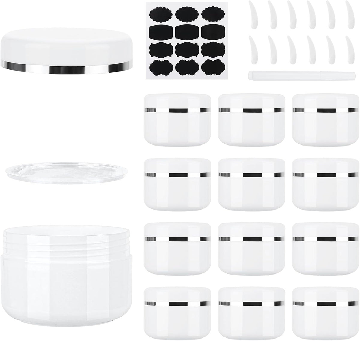 12 Pcs 100Ml Cosmetic Sample Jars, Plastic Refillable Travel Pots | Cosmetic Pots with Lids, Travel Pots for Toiletries, with Spatulas, Labels and Pen for Makeup Beauty Nails