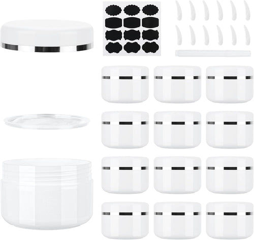 12 Pcs 100Ml Cosmetic Sample Jars, Plastic Refillable Travel Pots | Cosmetic Pots with Lids, Travel Pots for Toiletries, with Spatulas, Labels and Pen for Makeup Beauty Nails