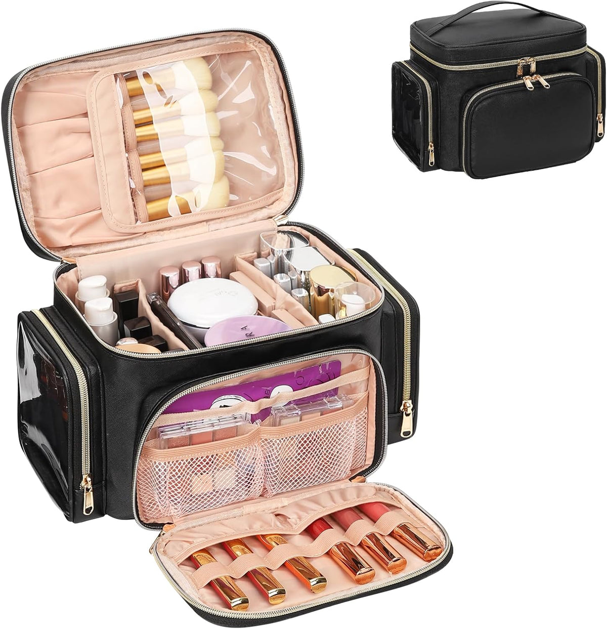 Makeup Bag Large Travel Make up Bag Organiser for Women PU Leather Toiletry Bag Portable Makeup Case with Brushes Compartments, Black