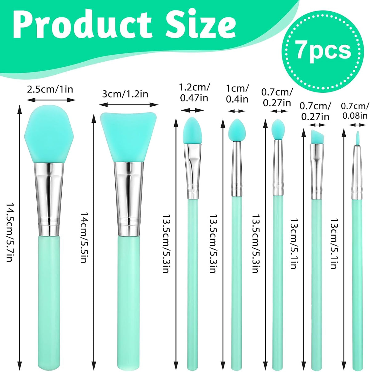 7 PCS Silicone Makeup Brushes, Silicone Brush Applicator Kit for Skin Care Eyebrow Eye Shadow, Mint Green