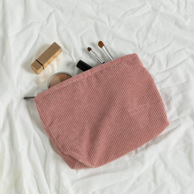 Corduroy Makeup Bag 2PCS Set - Beige And Pink