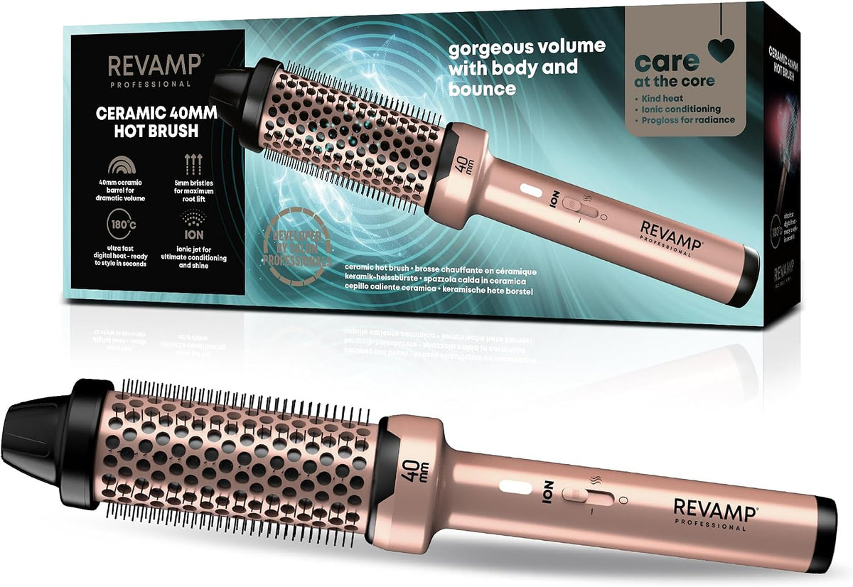 Ceramic Hot Brush Styler - Ionic, Fast Heat, Gold Edition, 40 Mm | round Barrel Heated Curling Brush, Volumising, Thermal Styling, Blowout, Waves & Bouncy Curls