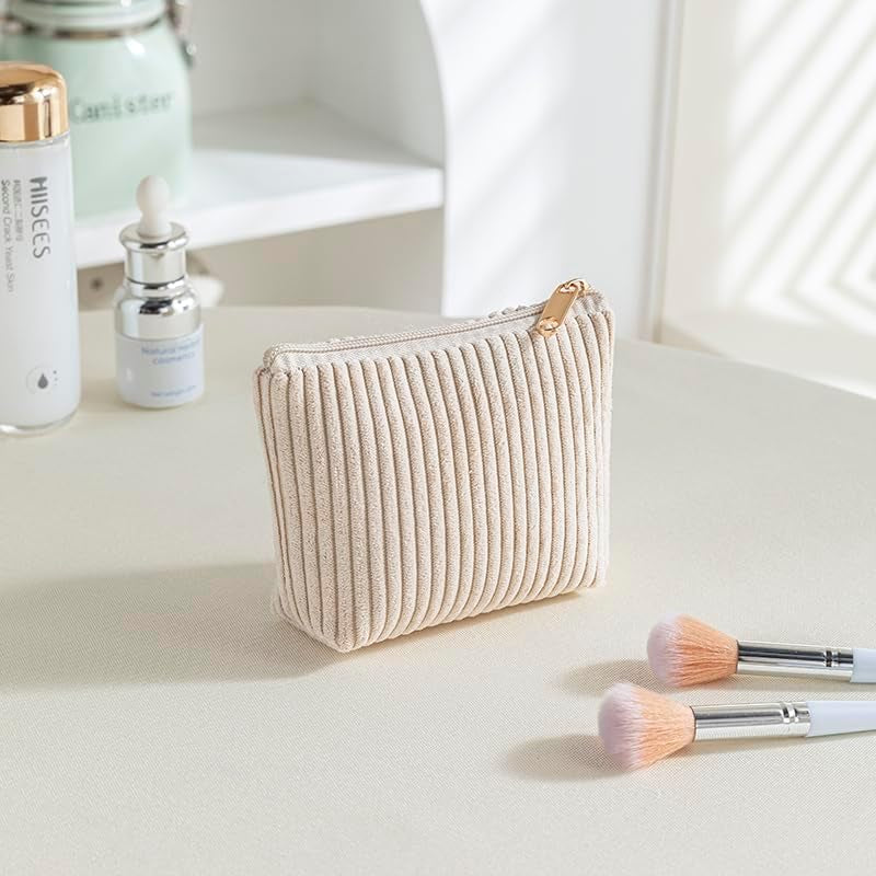 Corduroy Cosmetic Bag, 3 Pcs Makeup Bag, Large, Medium and Small Cosmetic Bag, Striped Corduroy Portable Bag with Metal Zipper, Travel Cosmetic Bags Organizer for Women, Travel, School, Gift