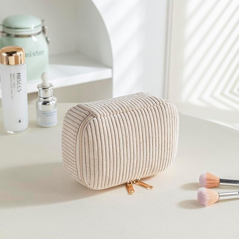 Corduroy Cosmetic Bag, 3 Pcs Makeup Bag, Large, Medium and Small Cosmetic Bag, Striped Corduroy Portable Bag with Metal Zipper, Travel Cosmetic Bags Organizer for Women, Travel, School, Gift