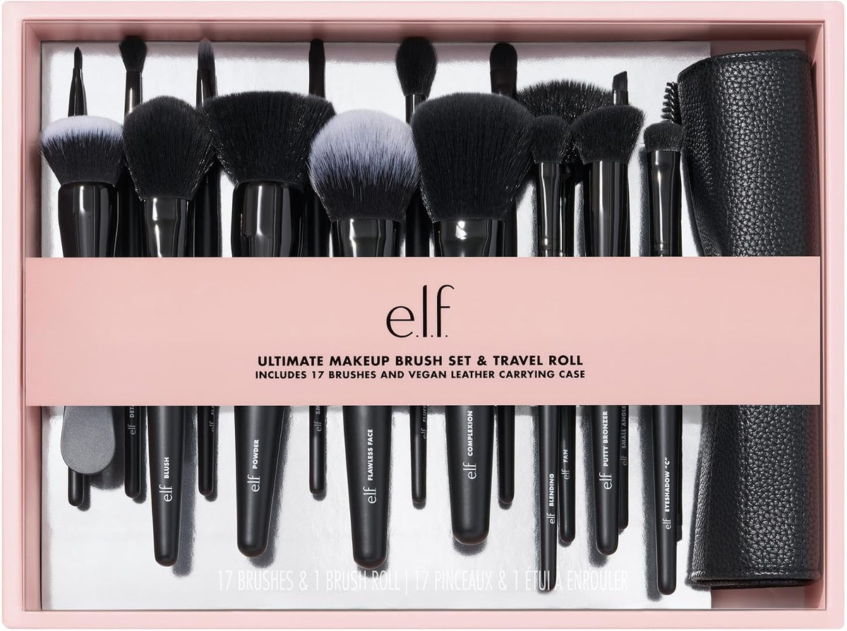Ultimate Makeup Brush Set & Travel Roll, 17-Piece Brush Kit, Brushes for Eyeshadow, Foundation, Powder, Concealer & More, Vegan & Cruelty-Free