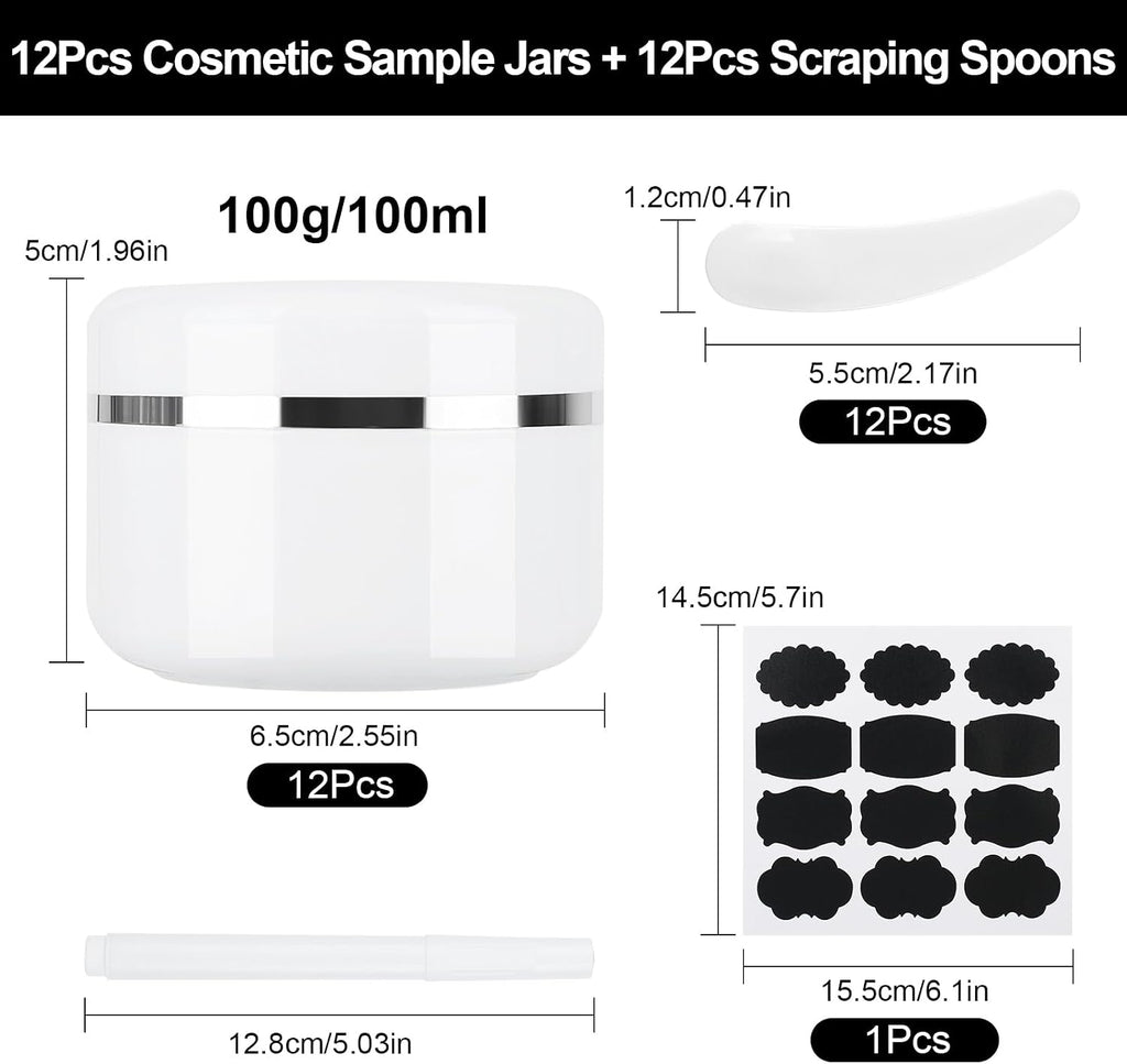 12 Pcs 100Ml Cosmetic Sample Jars, Plastic Refillable Travel Pots | Cosmetic Pots with Lids, Travel Pots for Toiletries, with Spatulas, Labels and Pen for Makeup Beauty Nails