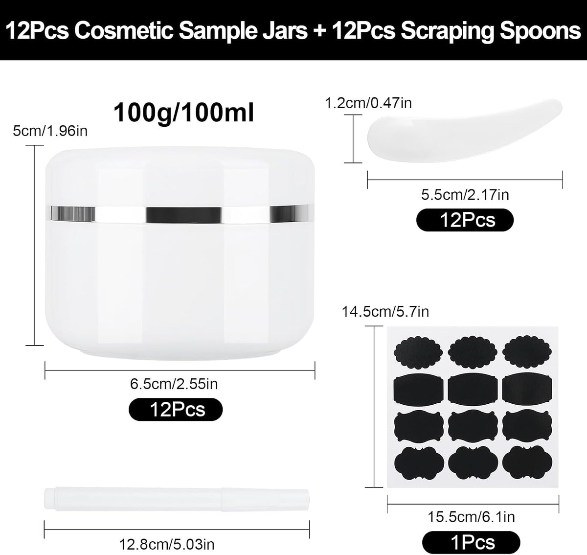 12 Pcs 100Ml Cosmetic Sample Jars, Plastic Refillable Travel Pots | Cosmetic Pots with Lids, Travel Pots for Toiletries, with Spatulas, Labels and Pen for Makeup Beauty Nails