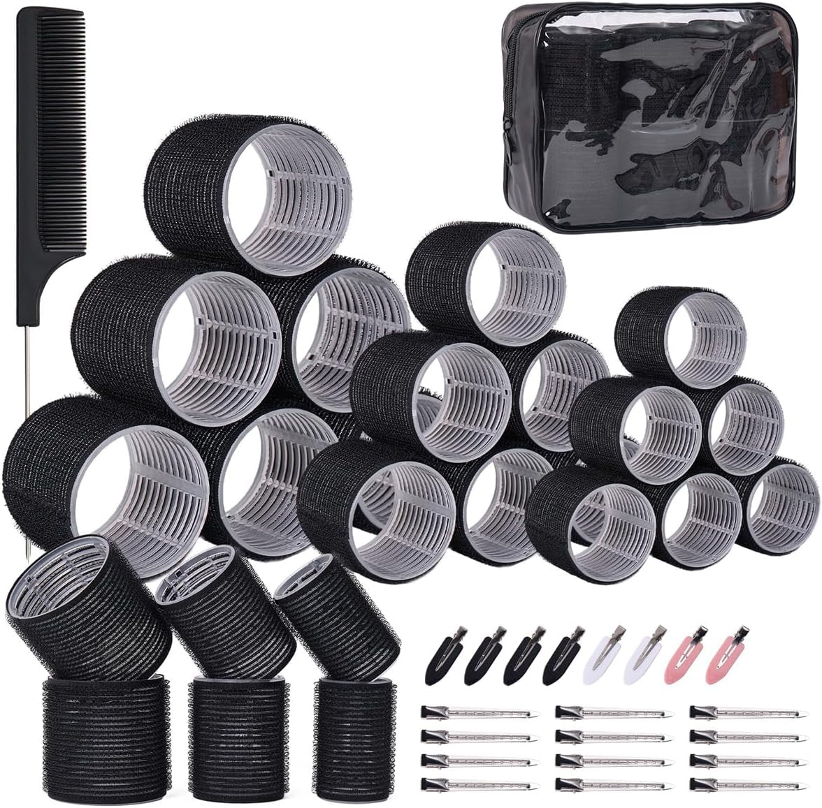 Hair Rollers Set 40 PCS, Hair Roller for Long & Short Hair, Velcro Hair Rollers, Rollers Hair Curlers with 18 Self Grip Black Rollers, 16 Hair Clips, 1 Rat Tail Combs&Waterproof Storage Bag