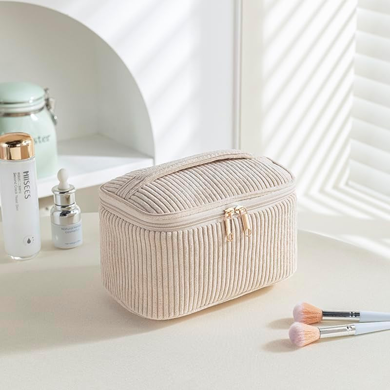 Corduroy Cosmetic Bag, 3 Pcs Makeup Bag, Large, Medium and Small Cosmetic Bag, Striped Corduroy Portable Bag with Metal Zipper, Travel Cosmetic Bags Organizer for Women, Travel, School, Gift