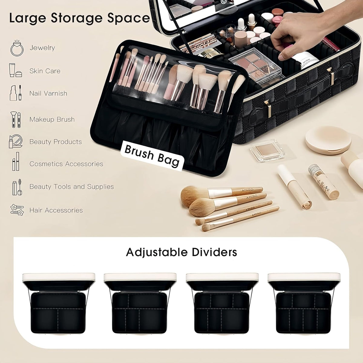 Makeup Bag with LED Mirror, Large Travel Make up Organiser Box Portable Makeup Case Cosmetic Bag Vanity Cases with Adjustable Compartment, 3 Color Modes Light up Mirror Make up Case, Gift for Women