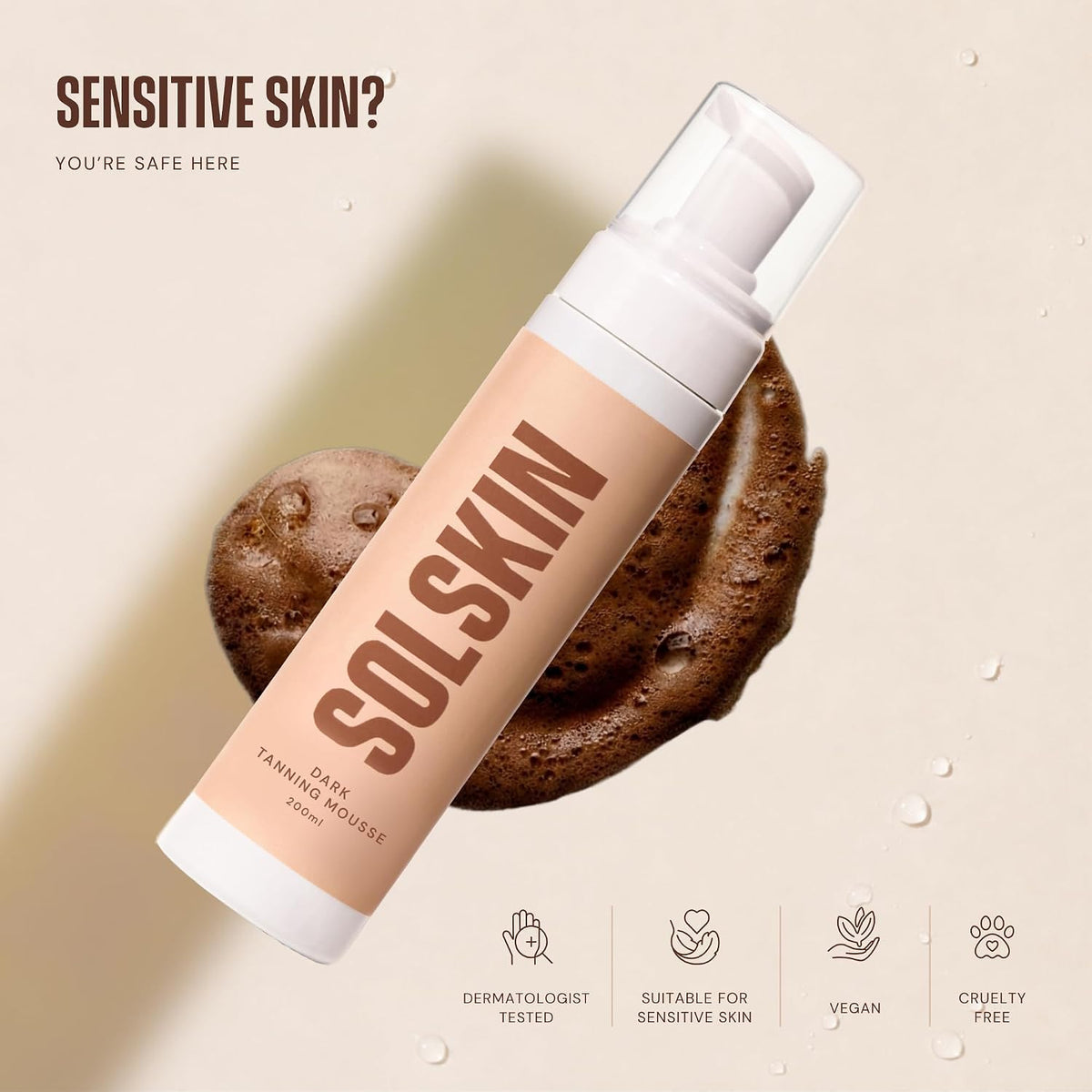 Tanning Mousse with Hyaluronic Acid & Aloe for Natural Bronze Glow - Fast-Drying Fake Tan, Moisturising Formula for Sensitive Skin, Streak-Free, Vegan & Cruelty-Free, 200Ml (Dark)