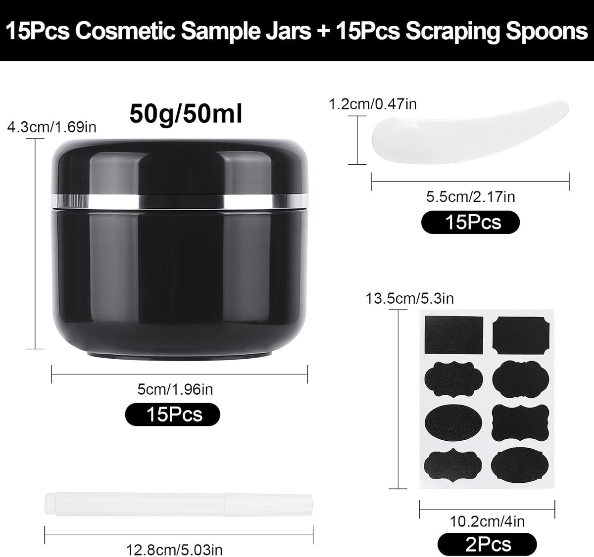 15 Pcs 50Ml Cosmetic Sample Jars, Plastic Refillable Travel Pots | Cosmetic Pots with Lids, Travel Pots for Toiletries, with Spatulas, Labels and Pen for Makeup Beauty Nails