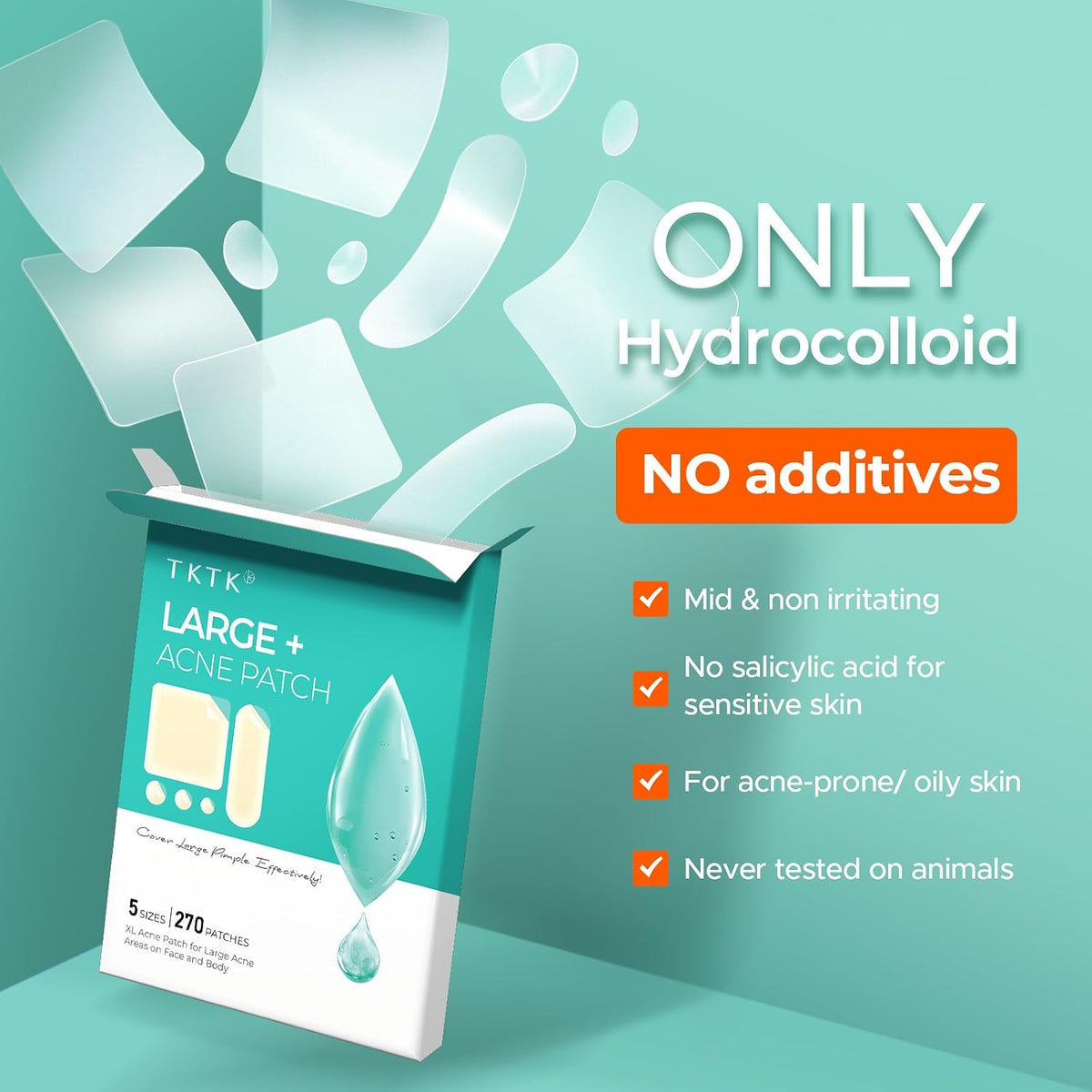 Large Hydrocolloid Pimple Patches for Face, 5 Sizes 270 Count | XL Spot Patches, Square/Strip/Dot Shapes, Absorbs Zits & Blemishes, Big Hydrocolloid Acne Patch for Forehead/Cheek/Back/Body