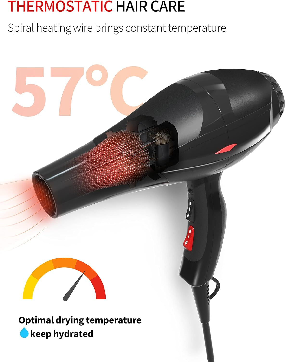 Professional Hair Dryer 3500W Ionic Hairdryer AC Motor Blue Light Anion with 1 Diffuser & 2 Nozzles Accessories, Overheating Protection 2 Speeds 3 Heat Settings for Women Men Home Salon