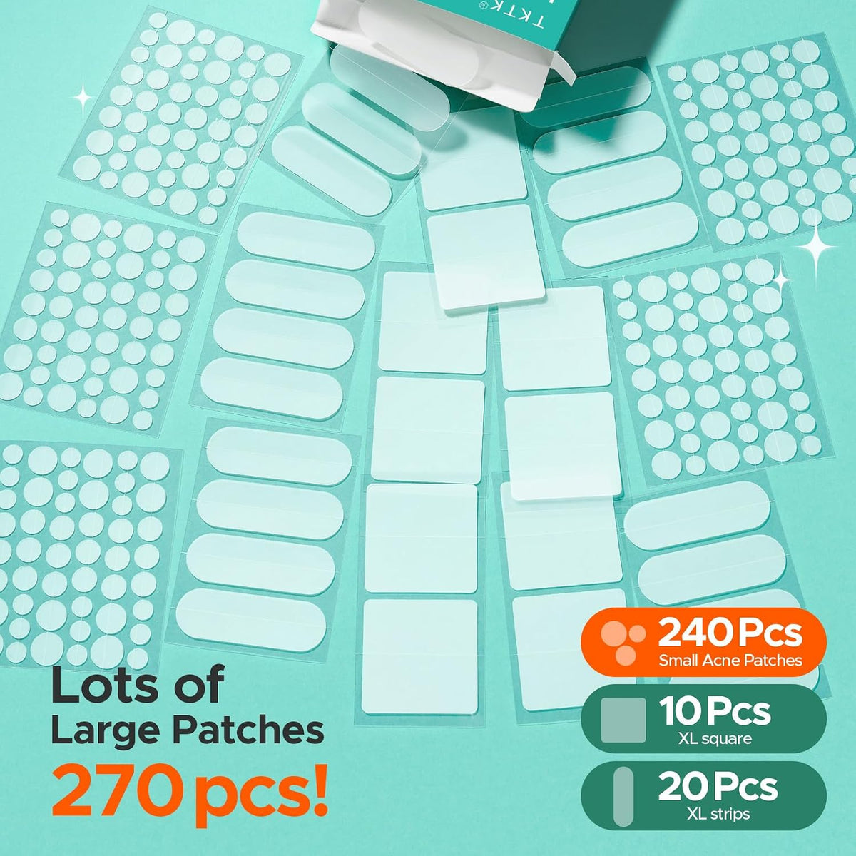 Large Hydrocolloid Pimple Patches for Face, 5 Sizes 270 Count | XL Spot Patches, Square/Strip/Dot Shapes, Absorbs Zits & Blemishes, Big Hydrocolloid Acne Patch for Forehead/Cheek/Back/Body