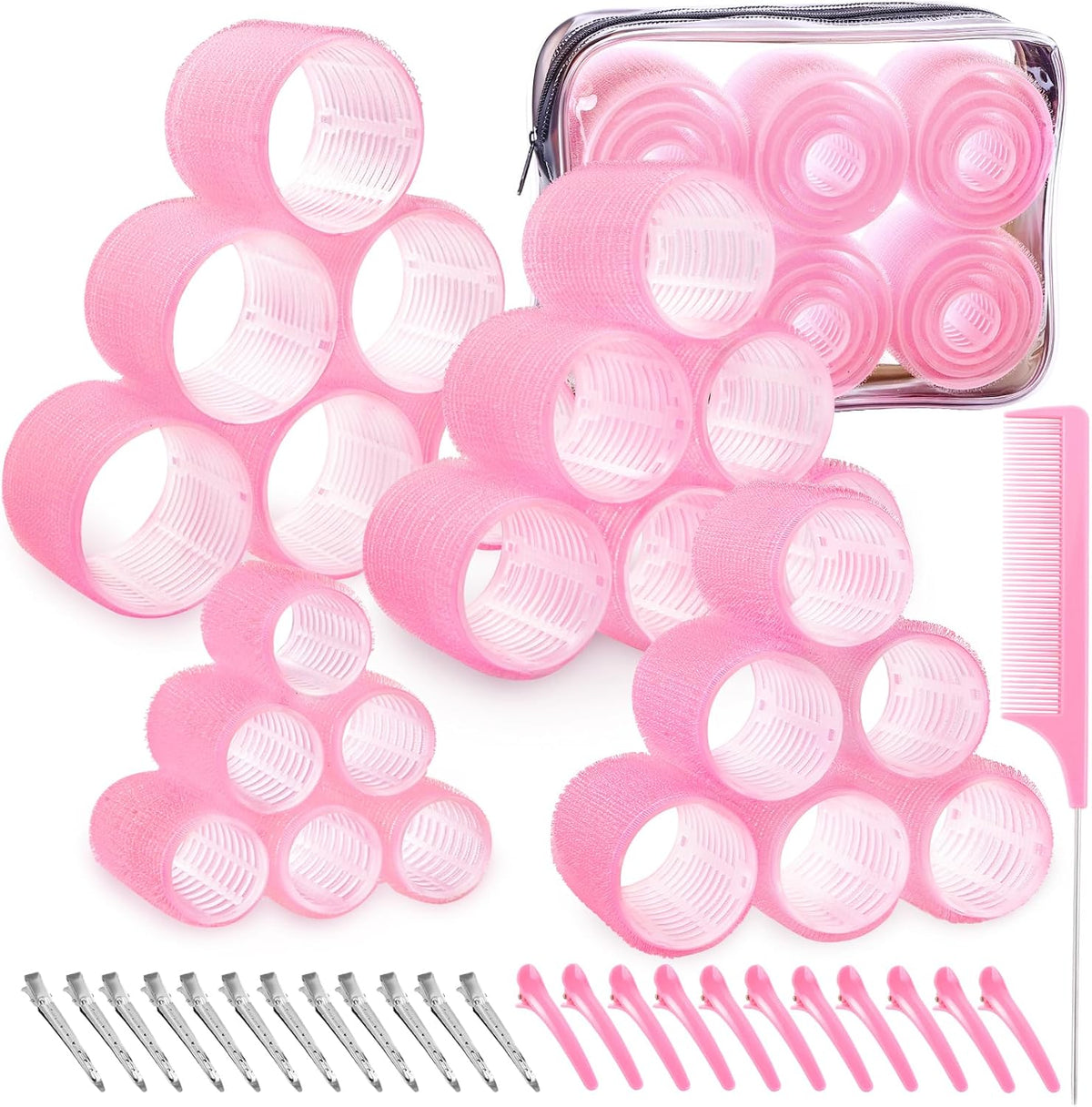 50Pcs Hair Rollers with Clips, Jumbo Large Medium Small Rollers for Hair Volume Big Hair Curlers Rollers for Long Medium Short Hair DIY Hairdressing (Pink)