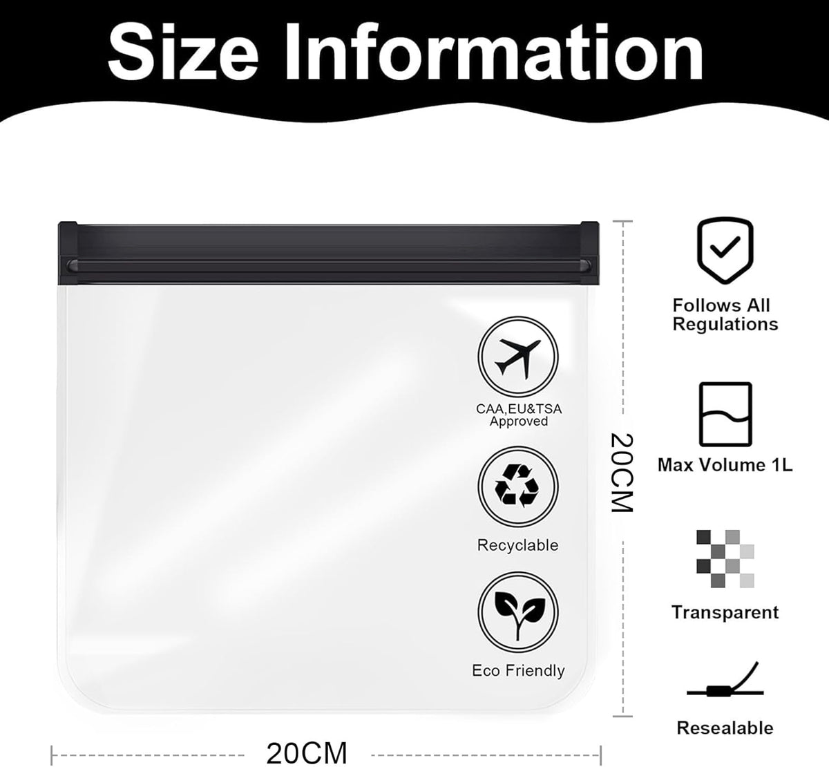 4Pcs Clear Travel Toiletry Bag, Airport Security Liquid Bag Travel Accessories, 20 X 20Cm TSA Approved Makeup Bags, Holiday Essentials for Journey Holiday for Women/Men (Black)