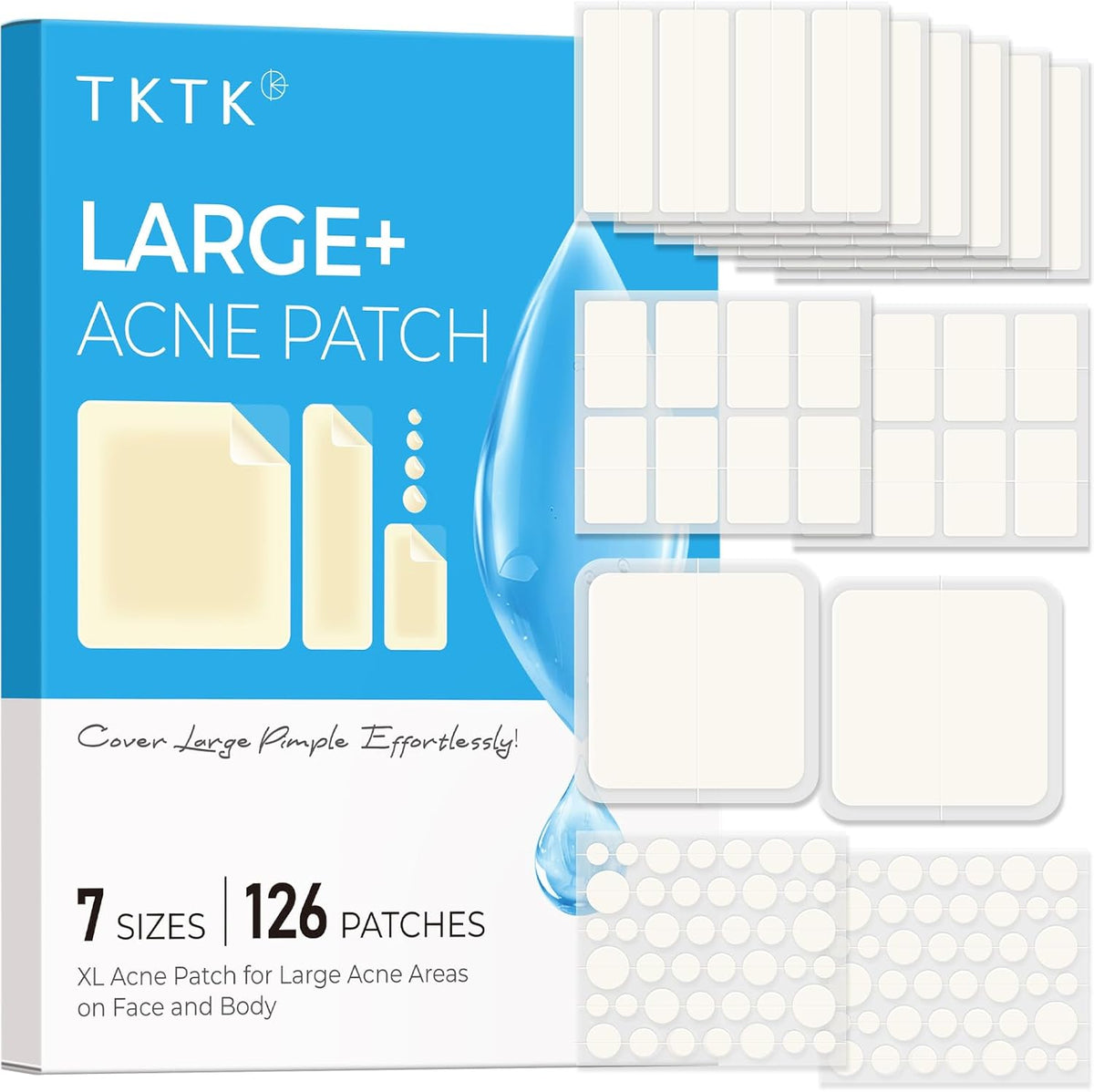 Large Pimple Patches for Face & Body Zit Breakouts, 7 Sizes 126 Count | XL Acne Patch, for Chin, Forehead, Chest, Back, Big Hydrocolloid Bandages, Square / Strip / Dot Shapes, for All Skin Types