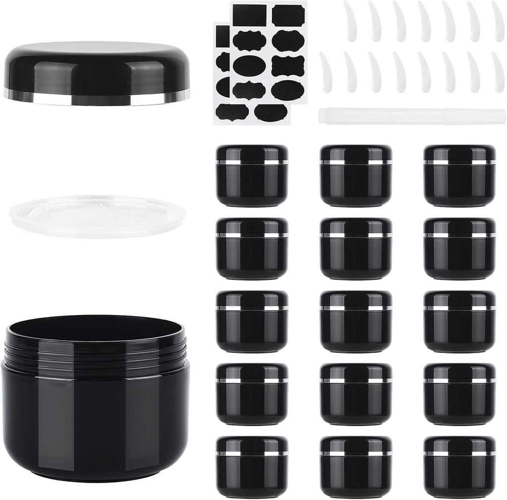 15 Pcs 50Ml Cosmetic Sample Jars, Plastic Refillable Travel Pots | Cosmetic Pots with Lids, Travel Pots for Toiletries, with Spatulas, Labels and Pen for Makeup Beauty Nails