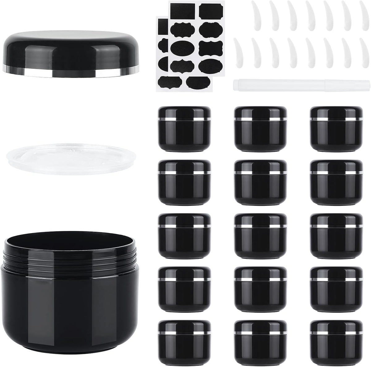 15 Pcs 50Ml Cosmetic Sample Jars, Plastic Refillable Travel Pots | Cosmetic Pots with Lids, Travel Pots for Toiletries, with Spatulas, Labels and Pen for Makeup Beauty Nails