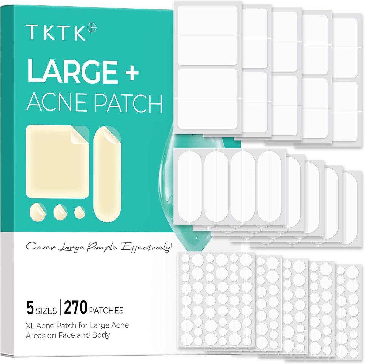 Large Hydrocolloid Pimple Patches for Face, 5 Sizes 270 Count | XL Spot Patches, Square/Strip/Dot Shapes, Absorbs Zits & Blemishes, Big Hydrocolloid Acne Patch for Forehead/Cheek/Back/Body
