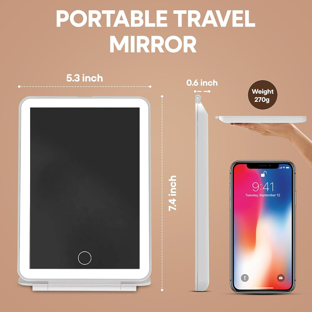Rechargeable Travel Mirror with Light up Camping Portable Mirror with Lights Touch Make up Compact Mirrors LED Folding Makeup Mirrors with 3 Color Lighting & Adjustable Brightness (UK BRAND)