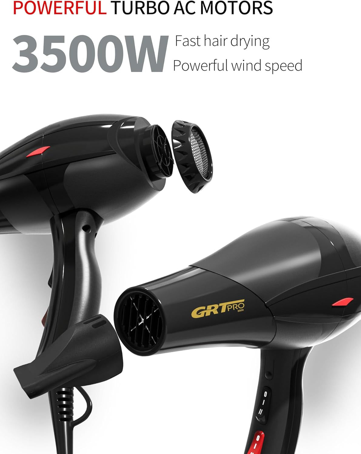 Professional Hair Dryer 3500W Ionic Hairdryer AC Motor Blue Light Anion with 1 Diffuser & 2 Nozzles Accessories, Overheating Protection 2 Speeds 3 Heat Settings for Women Men Home Salon